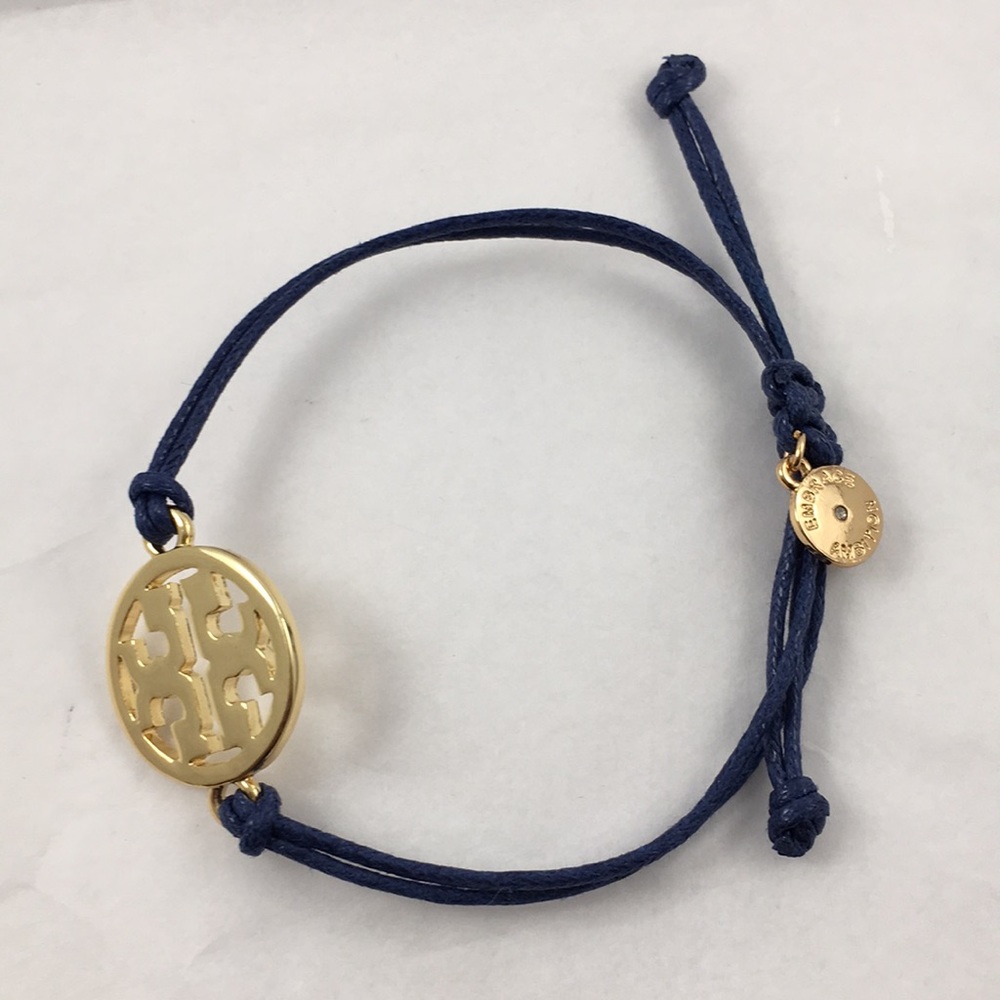 Tory Burch Blue Silk Cord Gold Logo Disc Bracelet - Picture 2 of 4